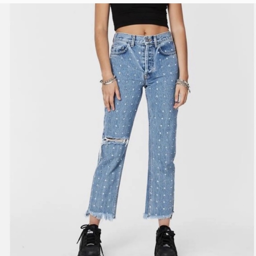 Carmar Light Blue Distressed Cropped Jeans with Rhinestone Embellishments Sz 29